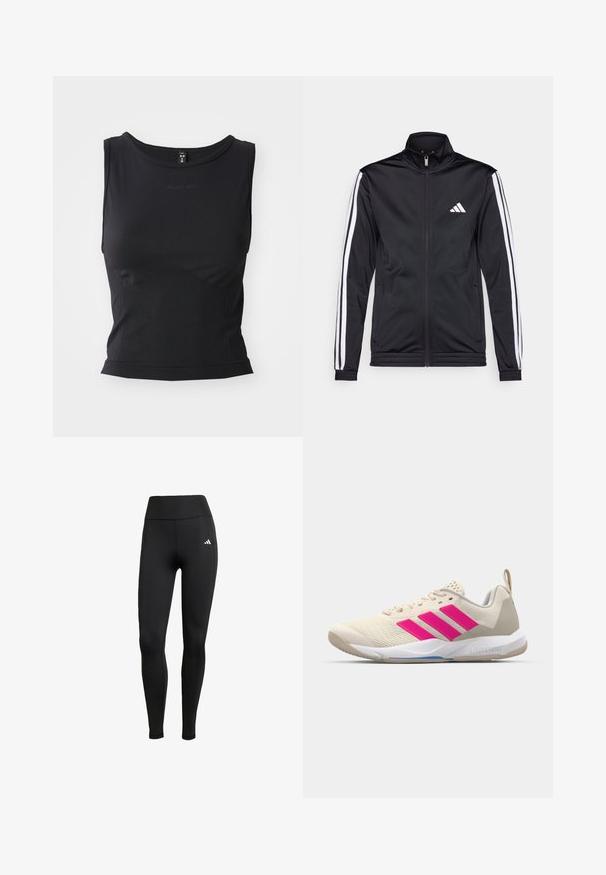 Sort atletisk jakke med høj krave, for-zip og hvide accentstriber langs armene. Har et broderet hvidt logo på brystet.; Sort ærmeløs træningstop lavet af glat stof, med en rund halsudskæring og en tætsiddende silhuet med diskret logo-detalje.; Sorte træningsleggings med høj talje. Fremstillet af strækbart stof med en hvid logo-detalje på øverste venstre side.; Beige sportsko med pink tre-stribede logo, tekstureret mesh overdel, polstret krave og hvid gummisål, med "LIGHTSTRIKE" branding.