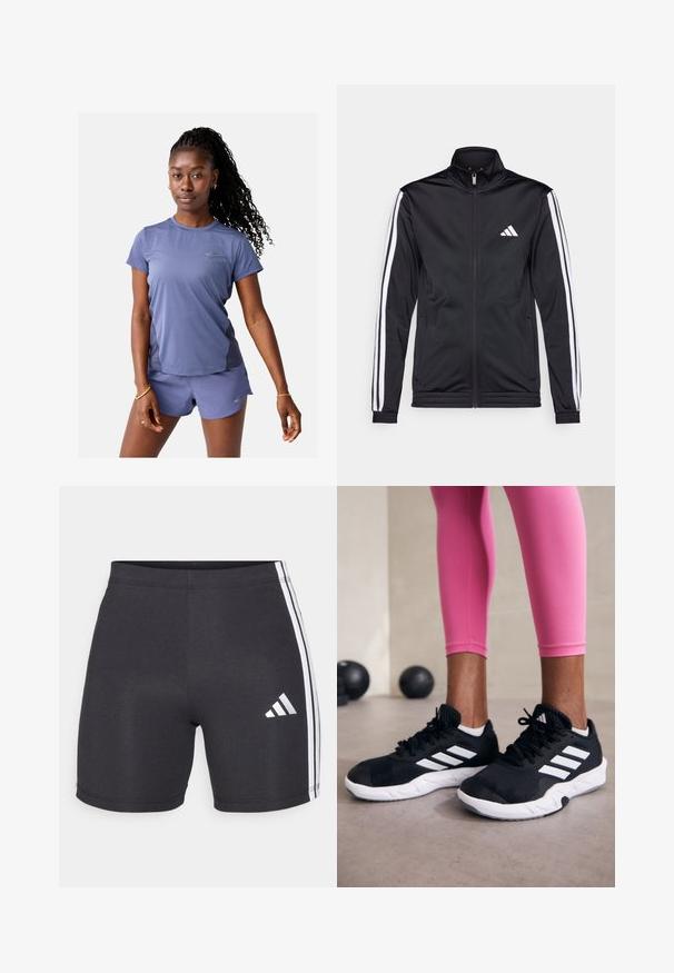 Črna športna jakna z visokim ovratnikom, sprednjim zadrgo in belimi stranskimi črtami po rokavih. Ima vezen beli logotip na prsih.; Kratek športni zgornji del s kratkimi rokavi in kratkimi hlačami v svetlo vijolični tkanini, ki vsebuje diskretne logotipne akcentne in tkanino za odvlaževanje. ; Črne športne hlače iz raztegljivega materiala, z belimi stranskimi črtami in logotipom Adidas na spodnjem desnem delu noge. Gladka tekstura.; Črne športne čevlje z belimi črtami, teksturirano mrežasto zgornjišče in belo podplat. Obuti z roza legginsom, ki prikazujejo športno obleko.