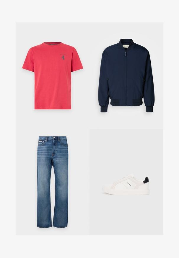 Mørkeblå bomberjakke laget av glatt, lett stoff med glidelås foran, ribbestrikkede mansjetter og nederkant. Har sidelommer med glidelås.; Rød bomull t-skjorte med rund hals og korte ermer. Har et lite mørkt logo og nummer "4" trykket på brystet. Enkelt design.; Blå straight-leg denimbukser med lett falming, frontknapp-lukking og en liten logomerke på høyre frontlomme.; Hvite sneakers med lys rosa og svarte detaljer, med glatte lær- og semskede paneler, rund tå og flat gummisåle.