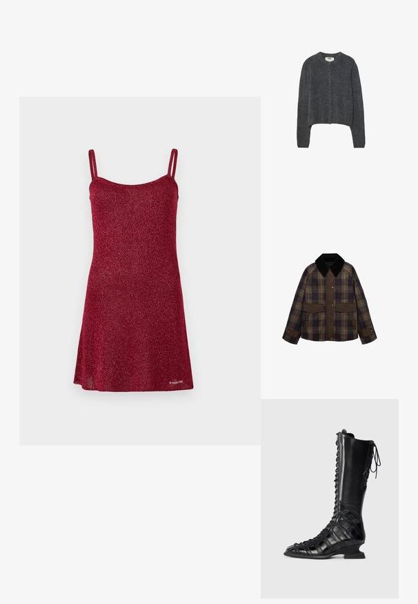 Hnědá s kostkovaným vzorem sako s černým kordovým límcem, dvěma předními kapsami a zapínáním na knoflíky. Vyrobeno z texturované látky.; Tmavě šedý kardigan vyrobený z texturovaného pleteného materiálu, s kulatým výstřihem, dlouhými rukávy a šesti knoflíkovým zapínáním na přední straně.; Červené třpytivé šaty s tenkými ramínky, A-čkový střih a hladká textura. Detaily zahrnují zaoblený výstřih a rozšířený spodní lem.; Žebrovaný bezrukávový top ve světle šedé barvě s kulatým výstřihem a decentním brandingem na přední straně. Vyrobeno z jemného, pružného materiálu.; Černé kozačky do kolen s šněrováním vpředu, vyrobené z hladké a texturované kůže, s tvarovaným podpatkem a geometrickým designem panelů.