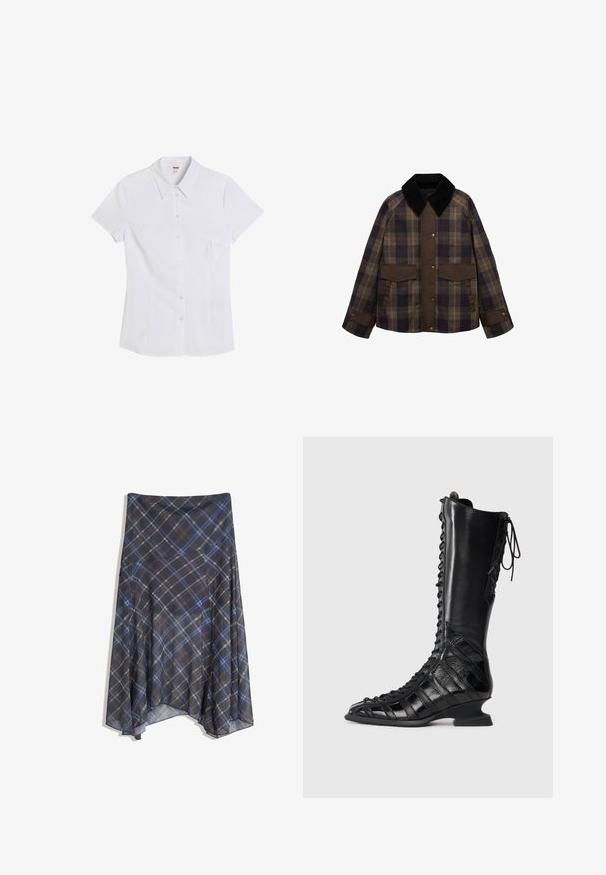 Brązowa marynarka w kratę z czarnym kołnierzem z materiału sztruksowego, dwiema przednimi kieszeniami i zapięciem na guziki. Wykonana z fakturowanej tkaniny.; Czarny sweter z ciemnoszarej teksturowanej dzianiny, z okrągłym dekoltem, długimi rękawami i sześcioma guzikami zapinanymi z przodu.; Biała koszula krótki rękaw z guziczkami, z wyraźnym kołnierzykiem, wykonana z gładkiego materiału. Ma dopasowany krój i sześć przezroczystych guzików z przodu.; Czarna spódnica w kratę z niebieskimi i brązowymi liniami, o zwiewnym fasonie, midi długości, wykonana z lekkiego materiału o gładkiej fakturze.; Czarne botki do kolan z sznurowanym przodem, wykonane z gładkiej i teksturowanej skóry, z rzeźbioną piętą i geometrycznym wzorem.
