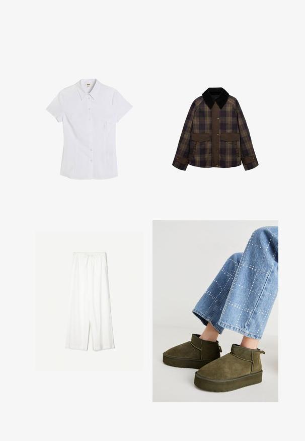 Brown and plaid jacket featuring a black corduroy collar, two front pockets, and a button closure. Made of a textured fabric.; Dark grey cardigan made of textured knit fabric, featuring a round neckline, long sleeves, and six button closures down the front.; White short-sleeve button-up shirt with a crisp collar, made of smooth fabric. Features a fitted shape and six clear buttons down the front.; White wide-leg pants with a drawstring waist, shown against a plain background, emphasizing their relaxed style and fabric texture.; Olive green suede ankle boots with a thick, textured sole and pull tab. Paired with light blue, embellished denim jeans.