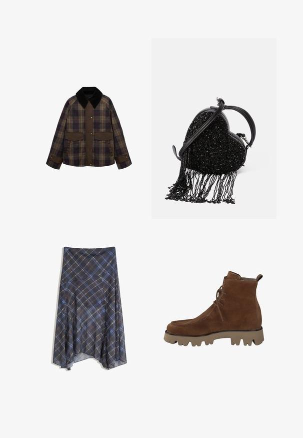 Giacca marrone a scacchi con un colletto in corduroy nero, due tasche frontali e chiusura a bottone. Realizzata in un tessuto testurizzato.; Cardigan grigio scuro realizzato in tessuto a maglia testurizzata, con scollatura rotonda, maniche lunghe e chiusura frontale con sei bottoni.; Top a coste senza maniche di colore grigio chiaro, con scollatura rotonda e un brand discreto sul davanti. Realizzato in un materiale morbido ed elasticizzato.; Gonna a quadri nera con linee blu e marroni, design fluido, di lunghezza media, realizzata in tessuto leggero con una texture morbida.; Stivali alla caviglia in suede marrone con punta arrotondata, lacci davanti e suola in gomma spessa con battistrada pronunciato per una migliore aderenza.; Borsa a forma di cuore nera caratterizzata da una texture di perline con dettagli a frange, manico in pelle liscia e tracolla staccabile.