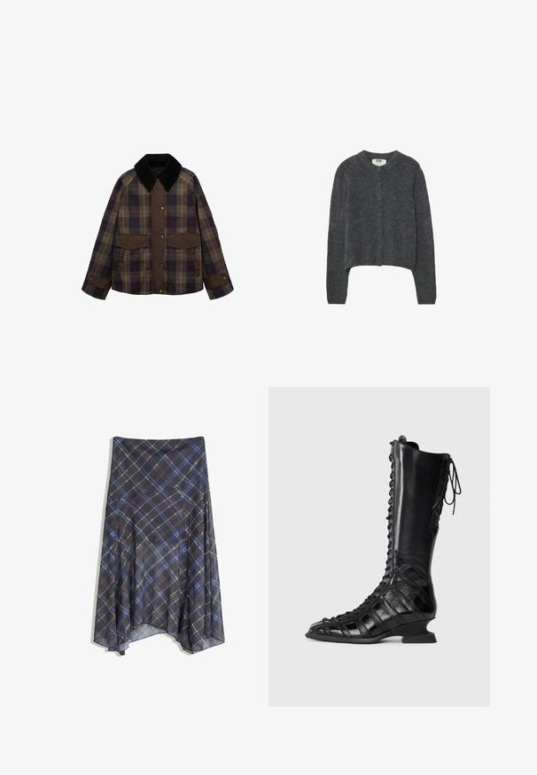 Brown and plaid jacket featuring a black corduroy collar, two front pockets, and a button closure. Made of a textured fabric.; Dark grey cardigan made of textured knit fabric, featuring a round neckline, long sleeves, and six button closures down the front.; Ribbed, sleeveless top in light gray with a round neckline and subtle branding on the front. Made from a soft, stretchy material.; Black plaid skirt featuring blue and brown lines, flowing design, mid-length, made from lightweight fabric with a smooth texture.; Black knee-high boot with a lace-up front, made of smooth and textured leather, featuring a sculpted heel and geometric panel design.
