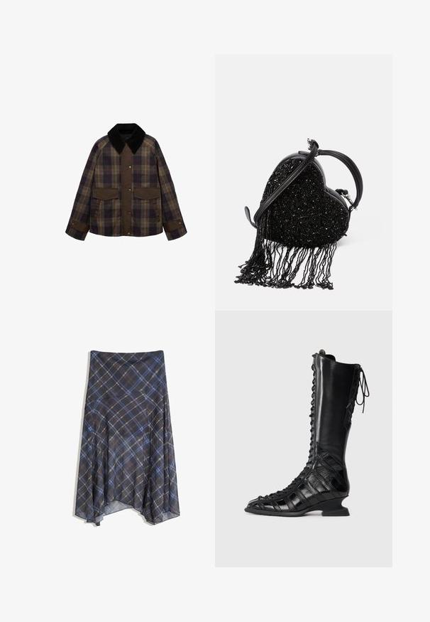 Hnědá s kostkovaným vzorem sako s černým kordovým límcem, dvěma předními kapsami a zapínáním na knoflíky. Vyrobeno z texturované látky.; Tmavě šedý kardigan vyrobený z texturovaného pleteného materiálu, s kulatým výstřihem, dlouhými rukávy a šesti knoflíkovým zapínáním na přední straně.; Žebrovaný bezrukávový top ve světle šedé barvě s kulatým výstřihem a decentním brandingem na přední straně. Vyrobeno z jemného, pružného materiálu.; Černá kostkovaná sukně s modrými a hnědými pruhy, volný design, střední délky, vyrobena z lehké látky s hladkou texturou.; Černé kozačky do kolen s šněrováním vpředu, vyrobené z hladké a texturované kůže, s tvarovaným podpatkem a geometrickým designem panelů.; Černá kabelka ve tvaru srdce s korálkovou texturou a třásněmi, hladkým koženým uchem a odnímatelným ramenním popruhem.