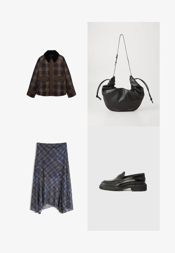 Bruine en geruite jas met een zwarte corduroy kraag, twee voorkzoekers en een knoopsluiting. Gemaakt van een gestructureerde stof.; Donkergrijze cardigan van gemêleerd breimateriaal, met een ronde halslijn, lange mouwen en zes knoopsluitingen aan de voorkant.; Geribbelde, mouwloze top in lichtgrijs met een ronde halslijn en subtiele merkvermelding aan de voorkant. Gemaakt van een zacht, rekbaar materiaal.; Zwarte geruite rok met blauwe en bruine lijnen, vloeiende stijl, middellang, gemaakt van lichte stof met een gladde textuur.; Zwarte leren instapschoenen met een ronde neus, dikke gestructureerde zool en subtiele stiksels. Voorzien van een klein logo op de achterkant.; Zachte zwarte lederen schoudertas met een verstelbare dunne schouderband, geplooide zijkanten vastgebonden met knopen en een klein gouden logo op de rechterbenedenhoek.