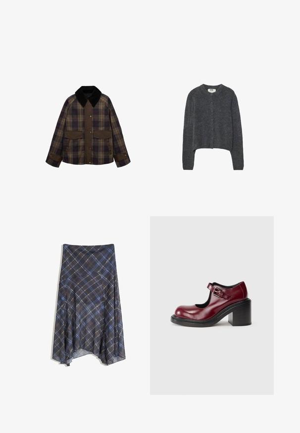 Hnedá a károvaná bunda s čiernym kordovým golierom, dvoma prednými vreckami a zapínaním na gombík. Vyrobená z textúrovanej tkaniny.; Tmavo šedý kardigán vyrobený z textúrovanej pleteniny, s okrúhlym výstrihom, dlhými rukávmi a šiestimi gombíkovými zapínaniami vzadu.; Hladký, bezrukávový top svetlo sivej farby s okrúhlym výstrihom a diskrétnym logom vpredu. Vyrobený z mäkkého, elastického materiálu.; Čierna kockovaná sukňa s modrými a hnedými prúžkami, voľný strih, stredná dĺžka, vyrobená z ľahkej látky s hladkým povrchom.; Bordové kožené topánky Mary Jane s okrúhlou špičkou, nastaviteľnou prackou a hrubým čiernym podpätkom, s hladkou, lesklou textúrou.