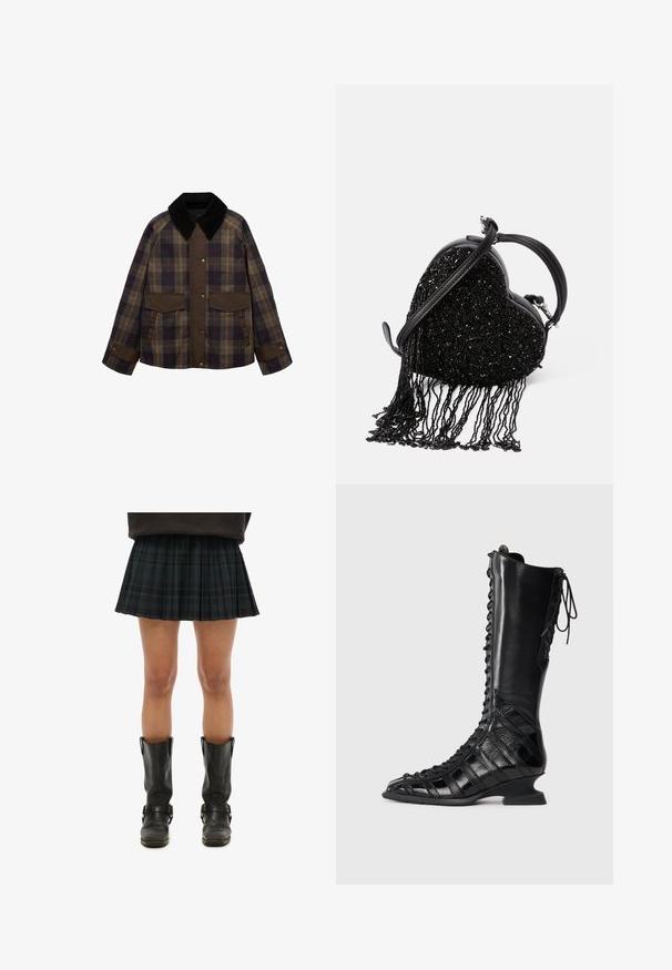 Braune und karierte Jacke mit einem schwarzen Cordkragen, zwei Fronttaschen und einem Knopfverschluss. Hergestellt aus einem strukturierten Stoff.; Dunkelgraue Strickjacke aus strukturiertem Strickstoff, mit rundem Ausschnitt, langen Ärmeln und sechs Knopfverschlüssen hinten.; Rippiertes, ärmelloses Oberteil in Hellgrau mit einem runden Halsausschnitt und dezentem Branding auf der Vorderseite. Hergestellt aus einem weichen, elastischen Material.; Schwarz-weißer Karomuster Faltenrock, kombiniert mit knielangen schwarzen Lederstiefeln mit Schnallen und glatter Textur.; Schwarze kniehohe Stiefel mit Schnürung an der Vorderseite, aus glattem und strukturiertem Leder, mit einem skulptierten Absatz und geometrischem Paneldesign.; Schwarze handtasche in Herzform mit einer verzierten Textur und Fransendetails, einem glatten Ledergriff und einem abnehmbaren Schultergurt.
