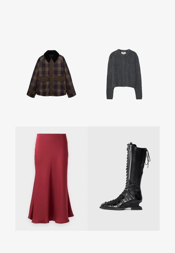 Ruskea ja ruudullinen takki, jossa on musta samettikaulus, kaksi etutaskua ja nappikiinnitys. Valmistettu teksturoidusta kankaasta.; Tummanharmaa neuletakki, joka on valmistettu teksturoidusta neulekankaasta. Tässä takissa on pyöreä pääntie, pitkät hihat ja edessä kuusi napin suljinta.; Ribbed, hiottamaton paita vaaleanharmaana, jossa on pyöreä pääntie ja hienovarainen brändäys edessä. Valmistettu pehmeästä, joustavasta materiaalista.; Burgundin satiinihame, jossa on sileä pinta, reilu siluetti ja helma, joka ulottuu polven alapuolelle. Ei näkyvää metalliosaa tai kuvioita.; Mustat polvipituiset saappaat, joissa on nauhakiinnitys, valmistettu sileästä ja teksturoidusta nahasta. Saappaissa on muotoiltu korko ja geometrinen paneelisuunnittelu.