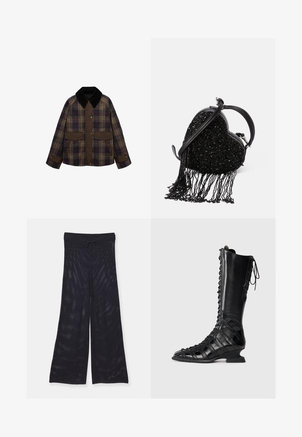 Brun og ternet jakke med en sort kordfløjlskrage, to forlommer og knaplukning. Lavet af et tekstureret stof.; Mørkegrå cardigan lavet af struktureret strikket stof, med rund halsudskæring, lange ærmer og seks knaplukninger ned foran.; Ribbet, ærmeløs top i lys grå med rund halsudskæring og subtil branding på fronten. Fremstillet af et blødt, strækbart materiale.; Sorte, løstsiddende bukser med vidde fremstillet af et åndbart mesh-stof. Har en elastisk talje med snøre til justering.; Sort knæhøje støvler med snørret front, lavet af glat og struktureret læder, med en skulptureret hæl og geometrisk paneldesign.; Sort hjerteformet håndtaske med perletekstur og frynse detaljer, en glat læderhåndtag og en aftagelig skulderrem.