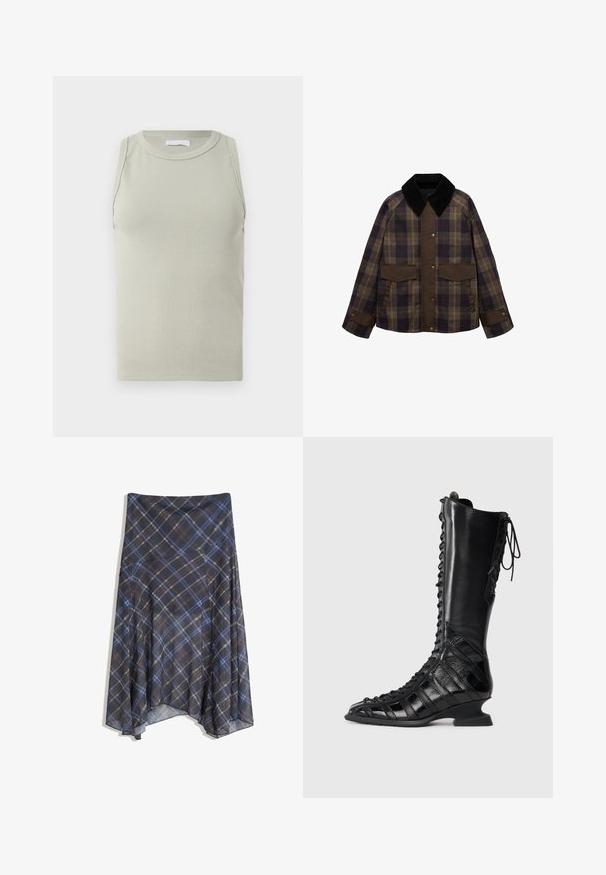 Giacca marrone a scacchi con un colletto in corduroy nero, due tasche frontali e chiusura a bottone. Realizzata in un tessuto testurizzato.; Cardigan grigio scuro realizzato in tessuto a maglia testurizzata, con scollatura rotonda, maniche lunghe e chiusura frontale con sei bottoni.; Top senza maniche a coste verde chiaro con scollo rotondo. Presenta una silhouette aderente e una texture morbida.; Gonna a quadri nera con linee blu e marroni, design fluido, di lunghezza media, realizzata in tessuto leggero con una texture morbida.; Stivale nero a ginocchio con lacci frontali, realizzato in pelle liscia e testurizzata, caratterizzato da un tacco scolpito e un design a pannelli geometrici.