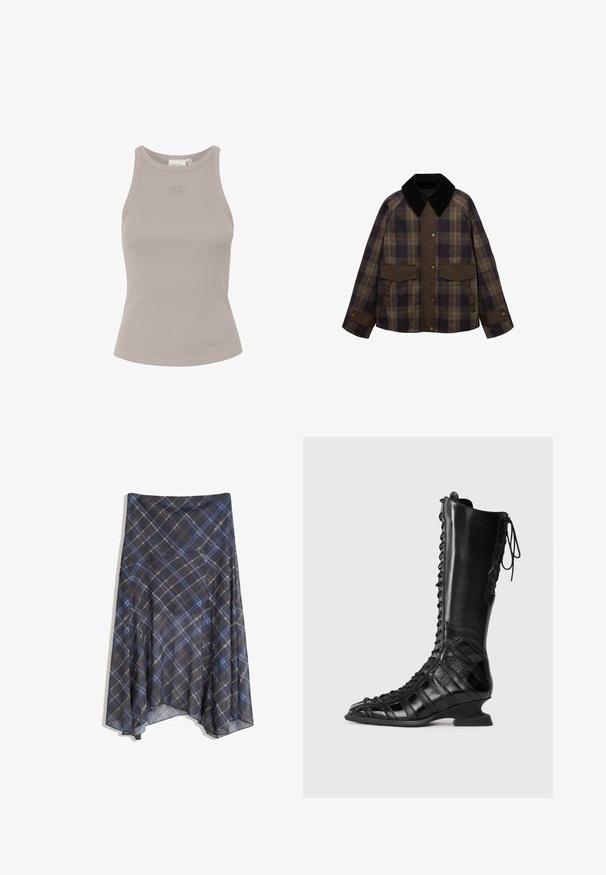 Smeđa i karirana jakna s crnim kordon ovratnikom, dva prednja džepa i zatvaranjem na dugmad. Napravljena je od teksturirane tkanine.; Tamno sivi kardigan izrađen od teksturiranog pletenog materijala, s okruglim izrezom, dugim rukavima i zatvaranjem na šest dugmadi sprijeda.; Rebrasti, bezrukavni top u svijetlosivoj boji s okruglim izrezom i suptilnim brendiranjem sprijeda. Izrađen od mekog, rastezljivog materijala.; Crna karirana suknja s plavim i smeškastim linijama, leteći dizajn, srednje dužine, izrađena od lagane tkanine s glatkom teksturom.; Crne čizme do koljena s vezanjem sprijeda, izrađene od glatke i teksturirane kože, s oblikovanim potplatom i geometrijskim dizajnom panela.
