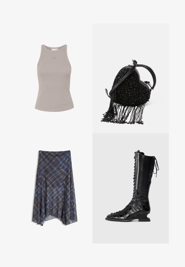 Brązowa marynarka w kratę z czarnym kołnierzem z materiału sztruksowego, dwiema przednimi kieszeniami i zapięciem na guziki. Wykonana z fakturowanej tkaniny.; Czarny sweter z ciemnoszarej teksturowanej dzianiny, z okrągłym dekoltem, długimi rękawami i sześcioma guzikami zapinanymi z przodu.; Prążkowany, bezrękawnik w jasnoszarym kolorze z okrągłym dekoltem i subtelnym logo z przodu. Wykonany z miękkiego, elastycznego materiału.; Czarna spódnica w kratę z niebieskimi i brązowymi liniami, o zwiewnym fasonie, midi długości, wykonana z lekkiego materiału o gładkiej fakturze.; Czarne botki do kolan z sznurowanym przodem, wykonane z gładkiej i teksturowanej skóry, z rzeźbioną piętą i geometrycznym wzorem.; Czarna torebka w kształcie serca z teksturą koralikową, z frędzlami, gładką skórzaną rączką oraz odczepianym paskiem na ramię.