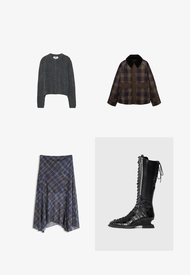 Hnědá s kostkovaným vzorem sako s černým kordovým límcem, dvěma předními kapsami a zapínáním na knoflíky. Vyrobeno z texturované látky.; Tmavě šedý kardigan vyrobený z texturovaného pleteného materiálu, s kulatým výstřihem, dlouhými rukávy a šesti knoflíkovým zapínáním na přední straně.; Žebrovaný bezrukávový top ve světle šedé barvě s kulatým výstřihem a decentním brandingem na přední straně. Vyrobeno z jemného, pružného materiálu.; Černá kostkovaná sukně s modrými a hnědými pruhy, volný design, střední délky, vyrobena z lehké látky s hladkou texturou.; Černé kozačky do kolen s šněrováním vpředu, vyrobené z hladké a texturované kůže, s tvarovaným podpatkem a geometrickým designem panelů.