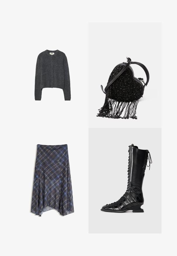 Giacca marrone a scacchi con un colletto in corduroy nero, due tasche frontali e chiusura a bottone. Realizzata in un tessuto testurizzato.; Cardigan grigio scuro realizzato in tessuto a maglia testurizzata, con scollatura rotonda, maniche lunghe e chiusura frontale con sei bottoni.; Top a coste senza maniche di colore grigio chiaro, con scollatura rotonda e un brand discreto sul davanti. Realizzato in un materiale morbido ed elasticizzato.; Gonna a quadri nera con linee blu e marroni, design fluido, di lunghezza media, realizzata in tessuto leggero con una texture morbida.; Stivale nero a ginocchio con lacci frontali, realizzato in pelle liscia e testurizzata, caratterizzato da un tacco scolpito e un design a pannelli geometrici.; Borsa a forma di cuore nera caratterizzata da una texture di perline con dettagli a frange, manico in pelle liscia e tracolla staccabile.