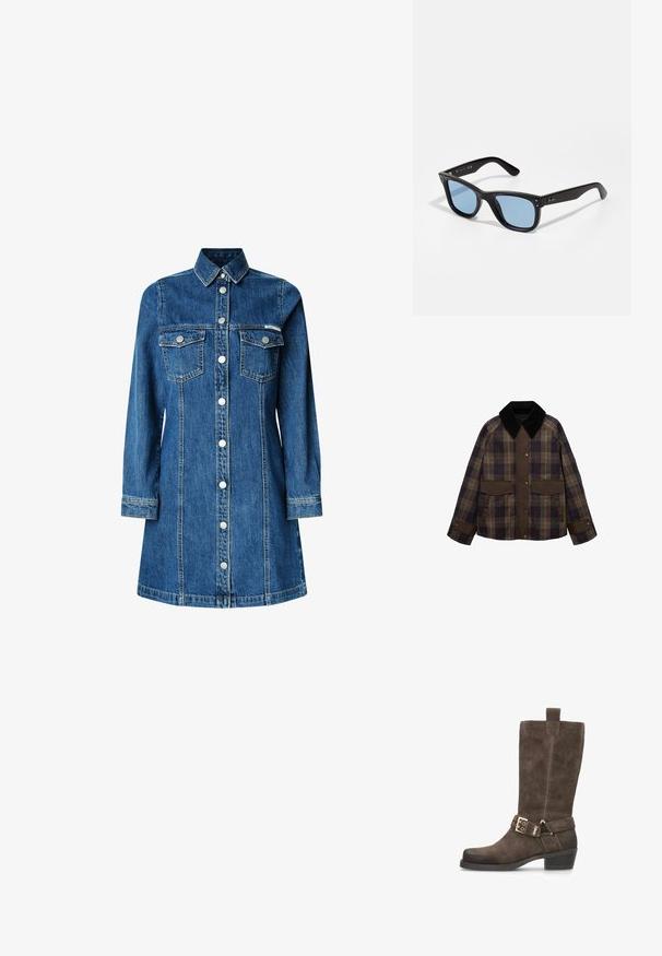 Chaqueta marrón a cuadros con un cuello de pana negro, dos bolsillos delanteros y cierre de botones. Hecha de una tela texturizada.; Vestido camisero de denim, de mangas largas, con botones en el frente, dos bolsillos en el pecho, cuello clásico, color azul medio y detalles de costura claros.; Bota de ante marrón hasta la rodilla con punta cuadrada, un tacón sutil y una correa de cuero con un detalle de hebilla dorada.; Gafas de sol de plástico negro con lentes tintados en azul, forma cuadrada, brazos sólidos y dos acentos metálicos en la parte frontal cerca de las lentes.; Bolso de cuero marrón con un exterior suave y texturizado similar a la piel de un animal, diseño delgado, un asa corta y una correa desmontable.
