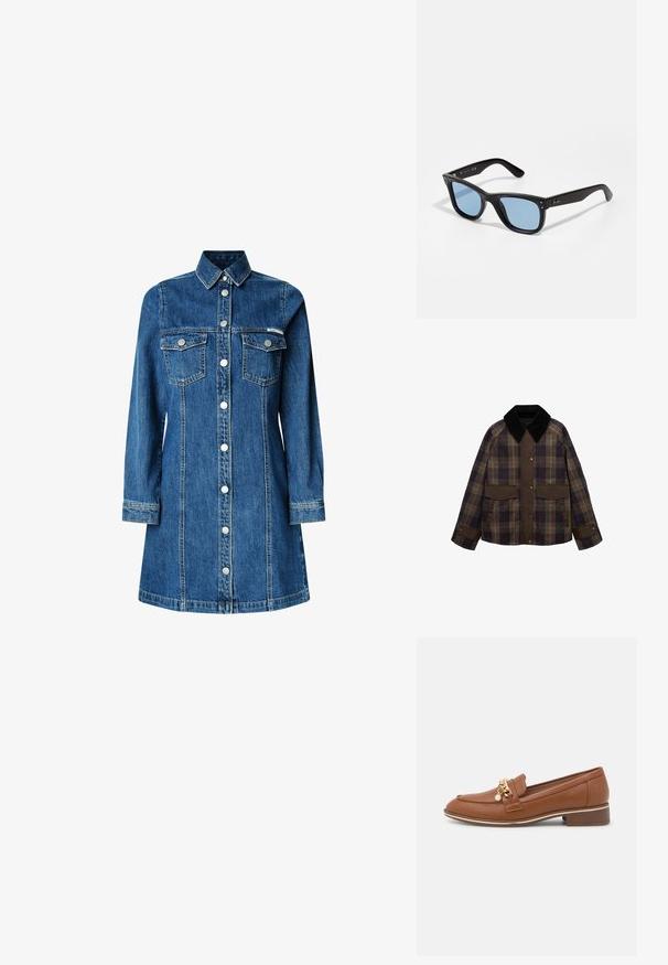 Chaqueta marrón a cuadros con un cuello de pana negro, dos bolsillos delanteros y cierre de botones. Hecha de una tela texturizada.; Vestido camisero de denim, de mangas largas, con botones en el frente, dos bolsillos en el pecho, cuello clásico, color azul medio y detalles de costura claros.; Mocasín de cuero marrón con un acento de cadena dorada y detalle de perlas. Presenta una punta redondeada y un tacón bajo en bloque. Textura suave y diseño elegante.; Gafas de sol de plástico negro con lentes tintados en azul, forma cuadrada, brazos sólidos y dos acentos metálicos en la parte frontal cerca de las lentes.; Bolso de cuero marrón con un exterior suave y texturizado similar a la piel de un animal, diseño delgado, un asa corta y una correa desmontable.