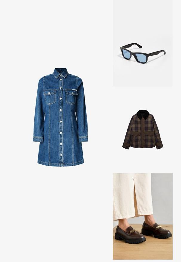 Bruine en geruite jas met een zwarte corduroy kraag, twee voorkzoekers en een knoopsluiting. Gemaakt van een gestructureerde stof.; Jeanshemdjurk, lange mouwen, knoopsluiting aan de voorkant, twee borstzakken, klassieke kraag, medium blauwe kleur en lichte stikseldetails.; Bruine leren loafers met een stevige zwarte zool en een gouden kettingaccent over de voorkant. Gladde afwerking met een lichte glans.; Zwarte plastic zonnebril met blauw getinte lenzen, vierkante vorm, stevige armen en twee metalen accenten aan de voorkant nabij de lenzen.; Bruine lederen handtas met een zachte, textuurachtige vachtachtige buitenkant, slank ontwerp, een korte handgreep en een afneembare schouderriem.