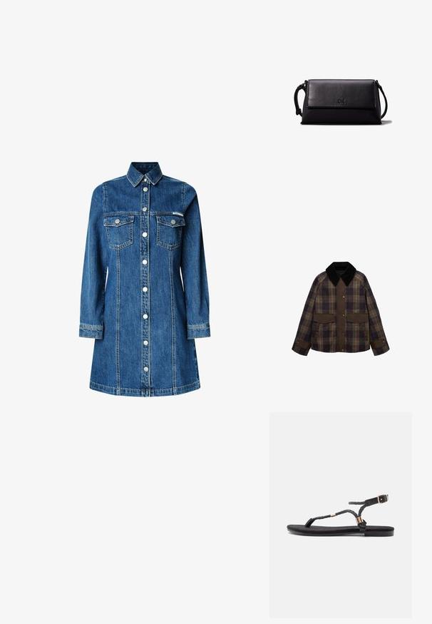 Rjav in kariran jopič z črnim kord jermenom, dvema sprednjima žepoma in gumbom. Narejen iz teksturirane tkanine.; Denim srajčna obleka, dolgi rokavi, gumbna zanka spredaj, dva žepa na prsih, klasičen ovratnik, srednje modra barva in svetli šivi.; Črne ravne sandale z pletenimi trakovi in metalnim akcentom. Imajo nastavljiv zaklep in ravno gumijasto podplato za udobje.; Črna usnjena torbica v obliki pravokotnika, gladke teksture, s ploskim pokrovom in majhnim ročajem na strani. Ima diskreten logotip.