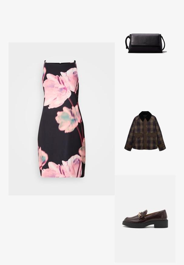 Ruskea ja ruudullinen takki, jossa on musta samettikaulus, kaksi etutaskua ja nappikiinnitys. Valmistettu teksturoidusta kankaasta.; Hihaton mekko tummasta kankaasta, jossa on suuria vaaleanpunaisia ja teal-värisiä kukkakuoseja. Ahdas malli, johon kuuluu huomaamaton takavetoketju.; Ruske kožne loaferice sa zlatnim akcentom na kopči, crnim blok petom i glatkom teksturom. Bočni pogled prikazuje zaobljeni nožni prst i šivene detalje.; Musta nahkainen clutch-laukku, jossa on suorakulmainen muoto, sileä pinta, litteä läpän sulkumekanismi ja pieni kahva sivussa. Mukana hienovarainen logo.
