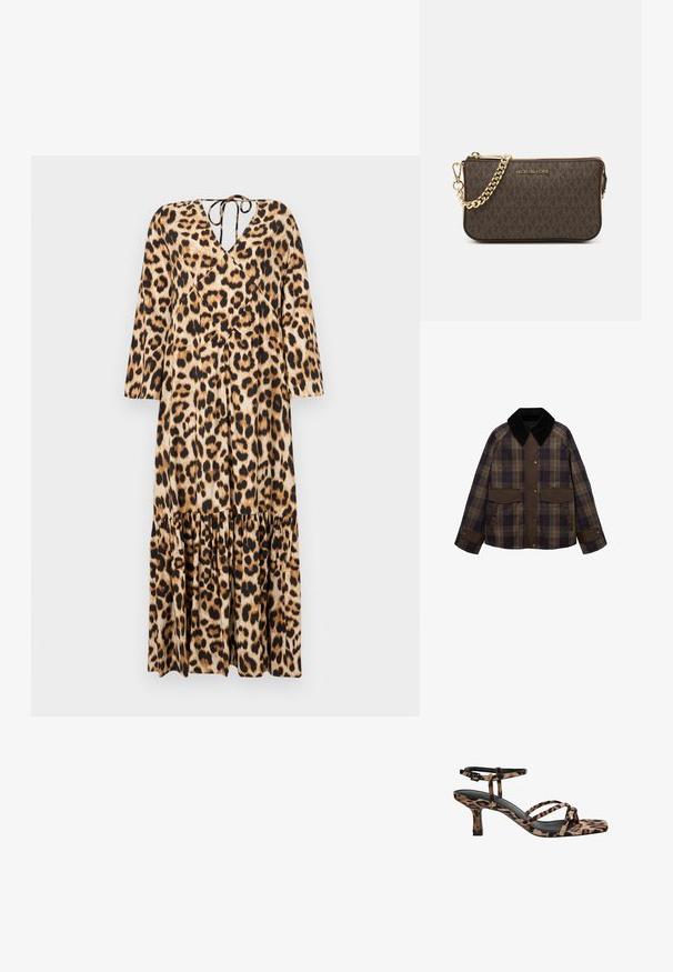 Rjav in kariran jopič z črnim kord jermenom, dvema sprednjima žepoma in gumbom. Narejen iz teksturirane tkanine.; Obleka z leopardjim vzorcem s V-izrezom, dolgimi rokavi in večplastnim volančkom na robu. Narejena je iz gladkega materiala. Ima detajl s trakom na hrbtni strani.; Sandal s petto s kvadratnim vrhom, več trak in srednje visoko peto v leopardjem vzorcu. Narejeni iz mehkega tekstilnega materiala.; Rjava usnjena torba čez ramo z vzorcem logotipa, zlatim verigo, zadrgo in zlatimi dodatki. Kompaktna in pravokotna oblika.