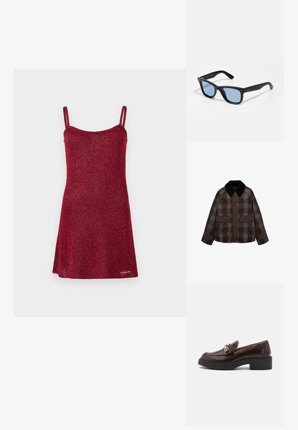 Hnědá s kostkovaným vzorem sako s černým kordovým límcem, dvěma předními kapsami a zapínáním na knoflíky. Vyrobeno z texturované látky.; Červené třpytivé šaty s tenkými ramínky, A-čkový střih a hladká textura. Detaily zahrnují zaoblený výstřih a rozšířený spodní lem.; Hnědé kožené mokasíny se zlatou sponou, černým blokovým podpatkem a hladkým povrchem. Boční pohled ukazuje zaoblenou špičku a prošívané detaily.; Černé plastové sluneční brýle s modro zbarvenými čočkami, čtvercového tvaru, pevnými obroučkami a dvěma kovovými akcenty na přední straně poblíž čoček.; Hnědá kožená kabelka s měkkým, texturovaným vzhledem podobným kožešině, štíhlým designem, krátkým uchopovacím madlem a odnímatelným popruhem.