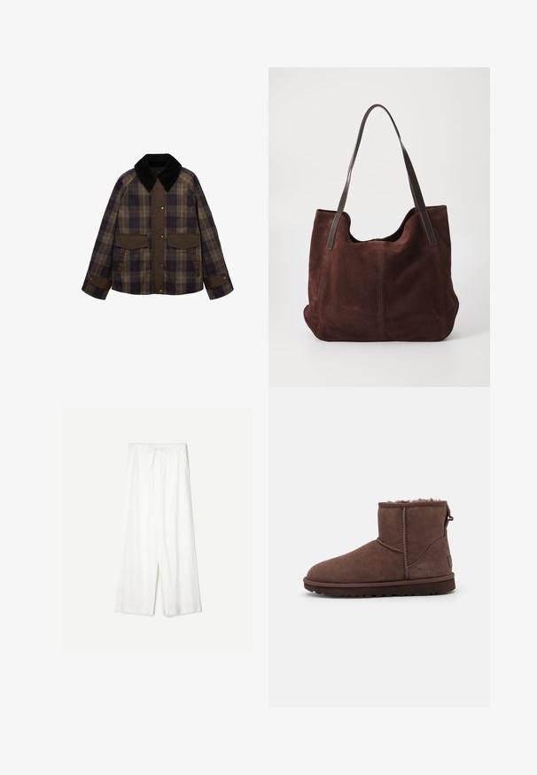 Brązowa marynarka w kratę z czarnym kołnierzem z materiału sztruksowego, dwiema przednimi kieszeniami i zapięciem na guziki. Wykonana z fakturowanej tkaniny.; Kremowy sweter w splot kabelkowy z długimi rękawami, ściągaczami przy mankietach i u dołu, z małym haftowanym logo na lewej piersi.; Białe spodnie szerokie w nogawkach z regulowanym paskiem w talii, pokazane na jednolitym tle, podkreślające ich luźny styl i fakturę materiału.; UGG - Śniegowce; Brązowa torba tote z zamszu z dwoma ciemnymi skórzanymi paskami na ramię. Miękka tekstura, zaokrąglony górny brzeg i przestronne wnętrze. Brak widocznych elementów sprzęgających lub ozdób.