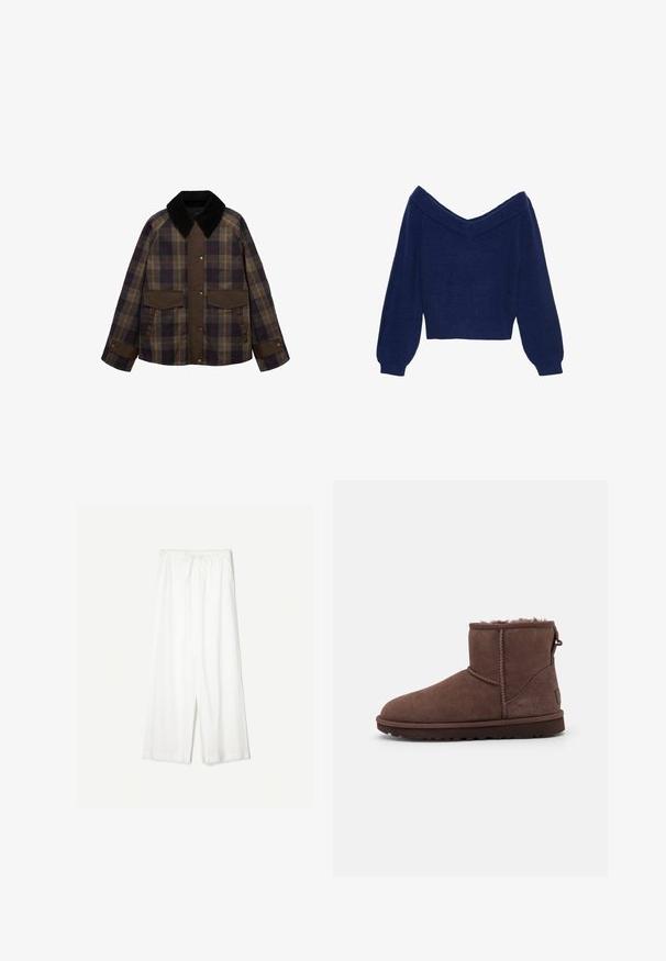 Ruskea ja ruudullinen takki, jossa on musta samettikaulus, kaksi etutaskua ja nappikiinnitys. Valmistettu teksturoidusta kankaasta.; Sininen off-the-shoulder neulepaita, jossa on pitkät puffihihat ja leveä ribbineck. Lyhyt malli, jossa on teksturoitu kangas.; Valkoiset leveät housut, joissa on nauhavyötärö, esiteltyinä yksinkertaista taustaa vasten, korostaen niiden rentoa tyyliä ja kankaan rakennetta.; UGG CLASSIC MINI II - Talvisaappaat - burnt cedar