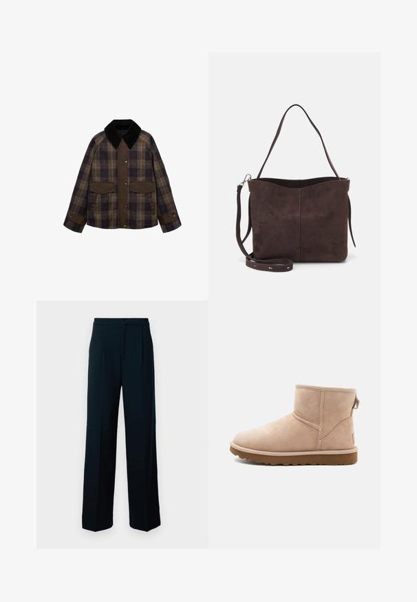 Giacca marrone a scacchi con un colletto in corduroy nero, due tasche frontali e chiusura a bottone. Realizzata in un tessuto testurizzato.; Maglione lavorato a maglia blu navy con scollo a spalle scoperte, maniche lunghe e a palloncino, e ampia scollatura a coste. Lunghezza cropped con tessuto testurizzato.; Pantaloni neri a gamba larga realizzati in tessuto morbido, con vita alta, pieghe frontali e un design pulito e minimale.; Stivale alla caviglia in suede beige con punta arrotondata, dettagli cuciti e suola in gomma marrone texturizzata. Presenta un passante sul retro.; Borsa a spalla in suede marrone con una texture morbida, caratterizzata da una singola tracolla e un'apertura superiore leggermente curvata. Nessun dettaglio hardware visibile.