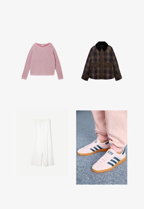 Smeđa i karirana jakna s crnim kordon ovratnikom, dva prednja džepa i zatvaranjem na dugmad. Napravljena je od teksturirane tkanine.; Crvena pletena dolčevita s dugim rukavima s teksturiranim uzorkom i okruglim izrezom. Ima kontrastne ružičaste obrube na izrezu i manžetama.; Bijele široke hlače s remenom za podešavanje struka, prikazane na jednostavnoj pozadini, naglašavajući njihov opušteni stil i teksturu tkanine.; Svijetlosmeđi suede tenisice s tamnoplavim kožnim prugama i gumene potplate. Karakteristike uključuju ravne vezice i brendiranje na strani i jeziku.