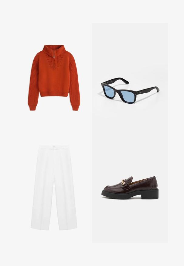 Brown and plaid jacket featuring a black corduroy collar, two front pockets, and a button closure. Made of a textured fabric.; Orange knitted sweater with a high collar, half zip, and ribbed cuffs. Features textured pattern on shoulders and smooth body. Cropped design.; Wide-leg white trousers with a smooth texture, featuring a high waistband and two side pockets. Simple design with no visible patterns.; Brown leather loafer with a gold accent buckle, black block heel, and a smooth texture. Side view showcases rounded toe and stitched detailing.; Black plastic sunglasses with blue tinted lenses, square shape, solid arms, and two metallic accents on the front near the lenses.; Brown leather handbag with a soft, textured fur-like exterior, slim design, a short handle, and a detachable strap.