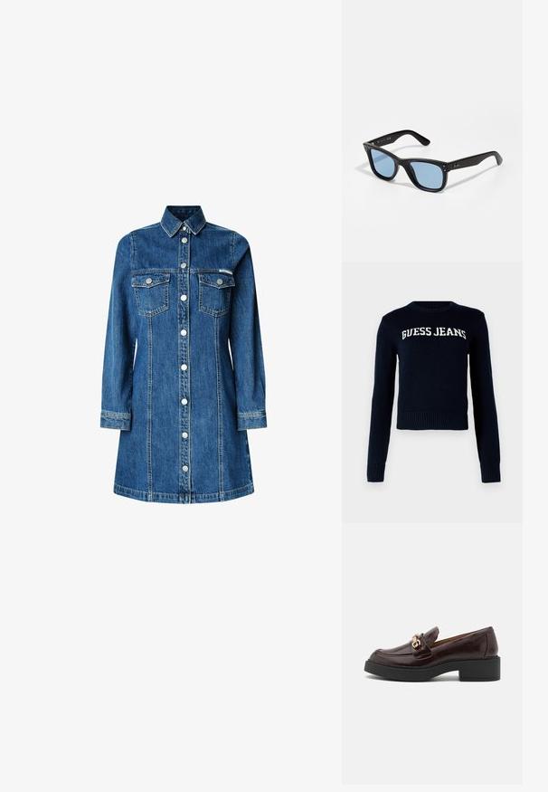 Hnědá s kostkovaným vzorem sako s černým kordovým límcem, dvěma předními kapsami a zapínáním na knoflíky. Vyrobeno z texturované látky.; Guess Jeans INTARSIA SWTR - Svetr - daring ocean; Denim šatové šaty, dlouhé rukávy, zapínání na knoflíky vpředu, dvě náprsní kapsy, klasický límec, středně modrá barva a jemné švy.; Hnědé kožené mokasíny se zlatou sponou, černým blokovým podpatkem a hladkým povrchem. Boční pohled ukazuje zaoblenou špičku a prošívané detaily.; Černé plastové sluneční brýle s modro zbarvenými čočkami, čtvercového tvaru, pevnými obroučkami a dvěma kovovými akcenty na přední straně poblíž čoček.; Hnědá kožená kabelka s měkkým, texturovaným vzhledem podobným kožešině, štíhlým designem, krátkým uchopovacím madlem a odnímatelným popruhem.