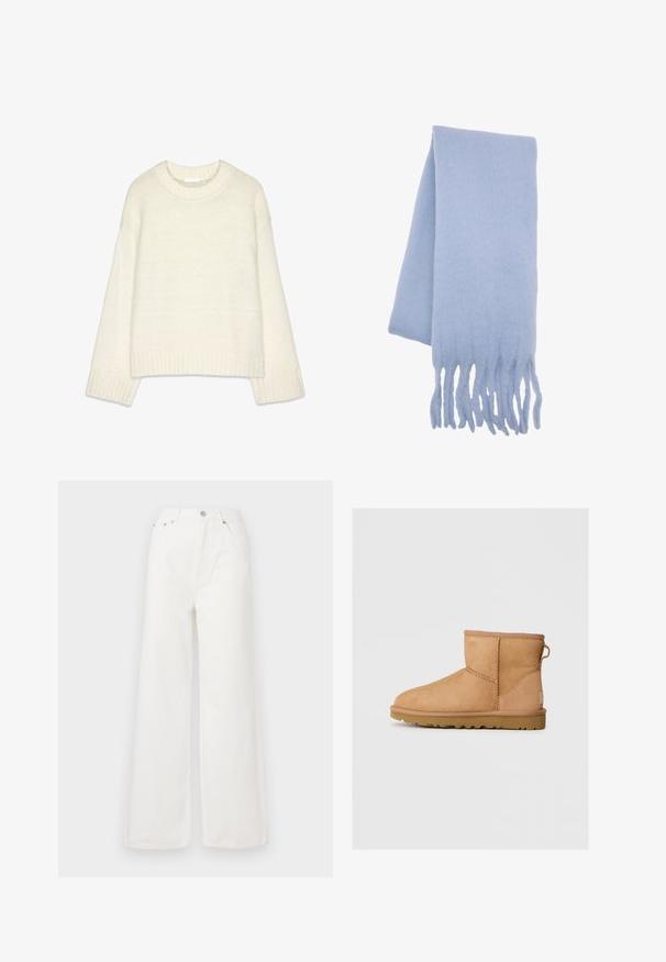 Giacca marrone a scacchi con un colletto in corduroy nero, due tasche frontali e chiusura a bottone. Realizzata in un tessuto testurizzato.; Maglione lavorato a maglia color crema con maniche lunghe, polsini e orlo a coste, e colletto a girocollo su uno sfondo bianco.; Jeans bianchi a vita alta e gamba larga realizzati in denim. Presentano tasche anteriori, chiusura con bottone e dettagli con orlo sfrangiato.; Stivali ankle in suede color tan con punta tonda, dettagli cuciti, linguetta sul retro e suola in gomma texture. Progettati per comfort e calore.; Sciarpa in lana azzurro chiaro con texture morbida, forma allungata e bordi frangiati per un tocco in più. Ideale per calore e comfort.