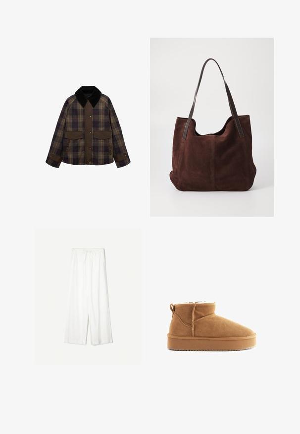 Hnědá s kostkovaným vzorem sako s černým kordovým límcem, dvěma předními kapsami a zapínáním na knoflíky. Vyrobeno z texturované látky.; Kostkovaná košile v černobílé barvě, s knoflíkovým zapínáním vpředu, špičatým límcem a dlouhými rukávy s volným střihem. Bavlněná tkanina.; Bílé kalhoty s širokými nohavicemi a stažením v pase, umístěné na jednobarevném pozadí, které zdůrazňuje jejich uvolněný styl a texturu látky.; Hnědé semišové kotníkové boty s jemnou vnitřní podšívkou, kulatou špičkou a plochou gumovou podrážkou. Mají šitý šev a zadní poutko.; Hnědá semišová taška přes rameno s dvojicí tmavých kožených popruhů. Měkká textura, zaoblený vrchol a prostorný vnitřek. Žádné viditelné součásti nebo ozdoby.