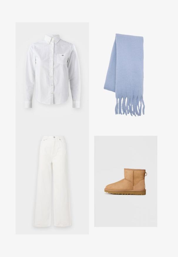 Brown and plaid jacket featuring a black corduroy collar, two front pockets, and a button closure. Made of a textured fabric.; White long-sleeve shirt made of cotton, featuring a button-down collar, front button closure, breast pocket, and subtle logo detail.; White high-waisted wide-leg jeans made of denim. Features front pockets, a button closure, and frayed hem details.; Tan suede ankle boot with round toe, stitched detailing, pull tab on back, and a textured rubber sole. Designed for comfort and warmth.; Light blue wool scarf featuring soft texture, elongated shape, and fringed edges for added detail. Ideal for warmth and comfort.