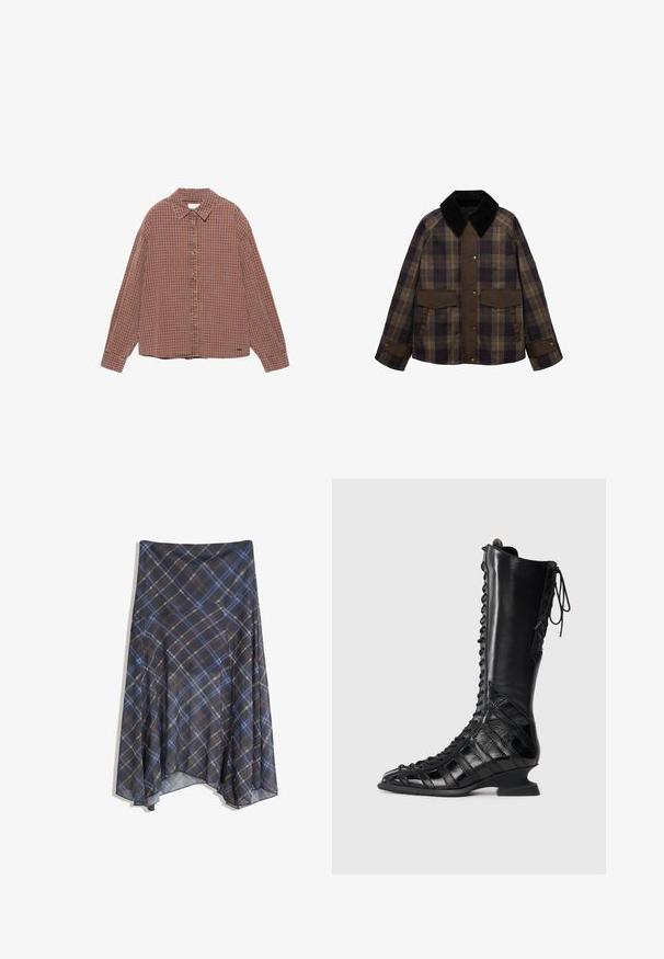 Brown and plaid jacket featuring a black corduroy collar, two front pockets, and a button closure. Made of a textured fabric.; Checkered long-sleeve shirt in orange and navy, button-down design, collared, with a relaxed fit and a rounded hem. Soft fabric texture.; Black plaid skirt featuring blue and brown lines, flowing design, mid-length, made from lightweight fabric with a smooth texture.; Black knee-high boot with a lace-up front, made of smooth and textured leather, featuring a sculpted heel and geometric panel design.