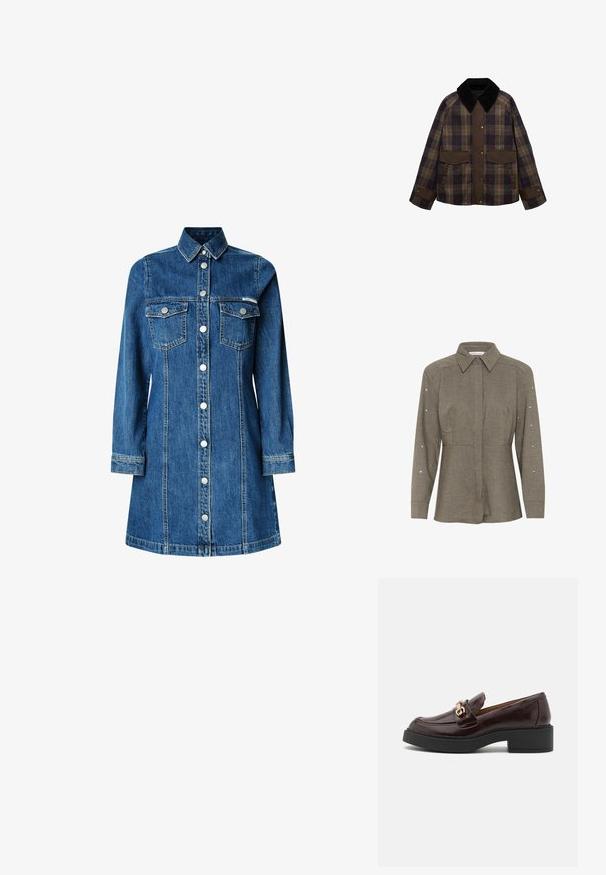 Braune und karierte Jacke mit einem schwarzen Cordkragen, zwei Fronttaschen und einem Knopfverschluss. Hergestellt aus einem strukturierten Stoff.; Dunkelolivgrüne Bluse mit strukturiertem Kragen, langen Ärmeln, die mit silbernen Nieten verziert sind, und einer taillierten Passform.; Denimhemdkleid, lange Ärmel, durchgehende Knopfleiste, zwei Brusttaschen, klassischer Kragen, mittelblaue Farbe und leichte Steppdetails.; Braune Lederloafers mit einer goldenen Akzent-Schnalle, schwarzem Blockabsatz und einer glatten Oberfläche. Die Seitenansicht zeigt die abgerundete Zehenform und die genähten Details.; Braune Handtasche aus Leder mit einer weichen, strukturierten, fellartigen Außenseite, schlankem Design, einem kurzen Griff und einem abnehmbaren Schultergurt.