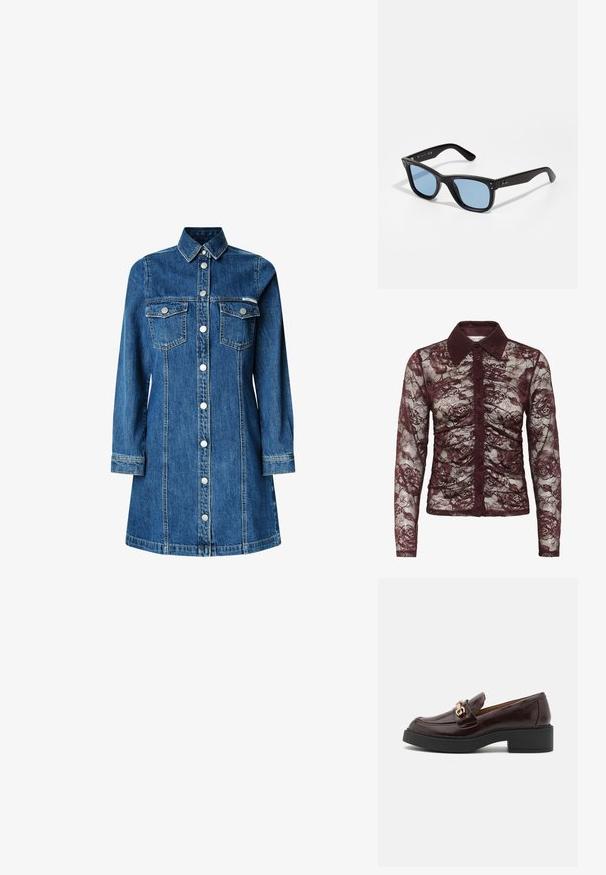 Brązowa marynarka w kratę z czarnym kołnierzem z materiału sztruksowego, dwiema przednimi kieszeniami i zapięciem na guziki. Wykonana z fakturowanej tkaniny.; Bordowa bluzka z koronką i długimi rękawami, z kołnierzykiem, zapięciem na guziki oraz kwiatowym wzorem z marszczeniami.; Sukienka koszulowa z dżinsu, z długimi rękawami, zapinana na guziki, z dwoma kieszeniami na piersi, klasycznym kołnierzykiem, w średnim odcieniu niebieskiego, z jasnymi detalami szycia.; Brązowe skórzane mokasyny z złotym akcentem w postaci klamry, czarnym blokowym obcasem i gładką teksturą. Widok z boku ukazuje zaokrąglony czubek oraz przeszycia.; Czarne plastikowe okulary przeciwsłoneczne z niebieskimi szkłami, w kształcie kwadratu, z solidnymi ramionami i dwoma metalowymi akcentami z przodu, blisko soczewek.; Brązowa skórzana torebka z miękkim, teksturowanym futrzanym wykończeniem, cienkim designem, krótką rączką i odpinanym paskiem.