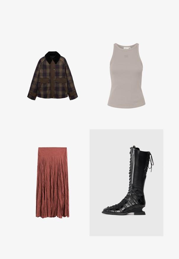 Brązowa marynarka w kratę z czarnym kołnierzem z materiału sztruksowego, dwiema przednimi kieszeniami i zapięciem na guziki. Wykonana z fakturowanej tkaniny.; Prążkowany, bezrękawnik w jasnoszarym kolorze z okrągłym dekoltem i subtelnym logo z przodu. Wykonany z miękkiego, elastycznego materiału.; Rdzawobrunatna, długa, plisowana spódnica z lekkiego materiału. Posiada gładki pas w talii i pionową teksturę na całej powierzchni.; Czarne botki do kolan z sznurowanym przodem, wykonane z gładkiej i teksturowanej skóry, z rzeźbioną piętą i geometrycznym wzorem.