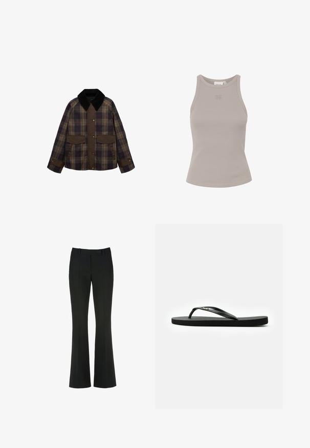 Bruine en geruite jas met een zwarte corduroy kraag, twee voorkzoekers en een knoopsluiting. Gemaakt van een gestructureerde stof.; Geribbelde, mouwloze top in lichtgrijs met een ronde halslijn en subtiele merkvermelding aan de voorkant. Gemaakt van een zacht, rekbaar materiaal.; Zwarte broek met een uitlopende pijpdesign, vervaardigd van gladde stof, met een frontsluiting met knoop en subtiele gestikte plooidetails.; Zwarte flip-flop sandaal met een gestructureerde rubberen zool, een gladde band en een klein metalen logo-accent op de voorkant van de band.