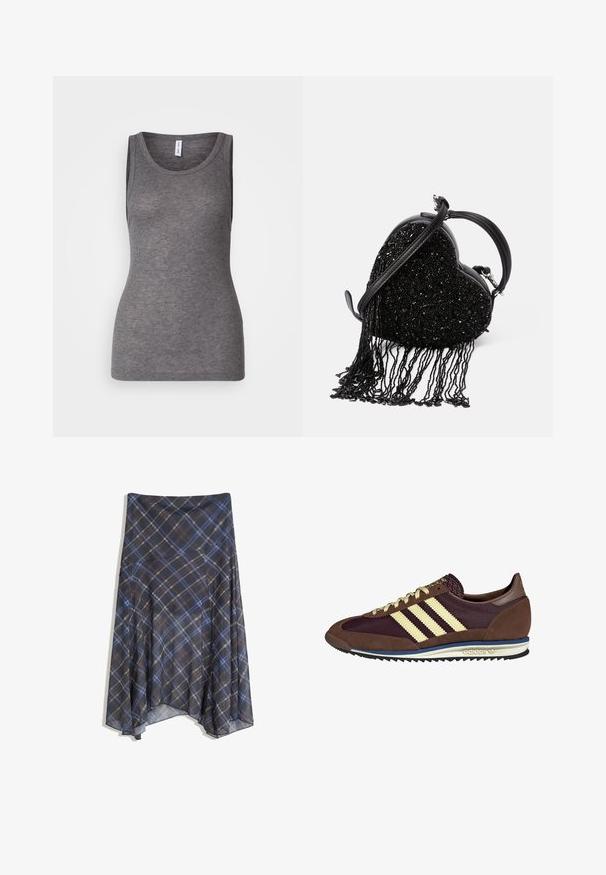Giacca marrone a scacchi con un colletto in corduroy nero, due tasche frontali e chiusura a bottone. Realizzata in un tessuto testurizzato.; Samsøe Samsøe SONNET TANK - Top - grey; Gonna a quadri nera con linee blu e marroni, design fluido, di lunghezza media, realizzata in tessuto leggero con una texture morbida.; Sneaker marrone e bordeaux realizzato in materiali scamosciati e in rete, caratterizzato da tre strisce color crema, tessuto testurizzato sulla linguetta e suola in gomma.; Borsa a forma di cuore nera caratterizzata da una texture di perline con dettagli a frange, manico in pelle liscia e tracolla staccabile.