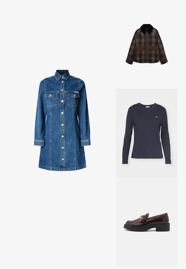 Brązowa marynarka w kratę z czarnym kołnierzem z materiału sztruksowego, dwiema przednimi kieszeniami i zapięciem na guziki. Wykonana z fakturowanej tkaniny.; Granatowa koszulka z długim rękawem, wykonana z bawełny, z okrągłym dekoltem i małym logo na lewej piersi. Gładka w dotyku.; Sukienka koszulowa z dżinsu, z długimi rękawami, zapinana na guziki, z dwoma kieszeniami na piersi, klasycznym kołnierzykiem, w średnim odcieniu niebieskiego, z jasnymi detalami szycia.; Brązowe skórzane mokasyny z złotym akcentem w postaci klamry, czarnym blokowym obcasem i gładką teksturą. Widok z boku ukazuje zaokrąglony czubek oraz przeszycia.; Brązowa skórzana torebka z miękkim, teksturowanym futrzanym wykończeniem, cienkim designem, krótką rączką i odpinanym paskiem.