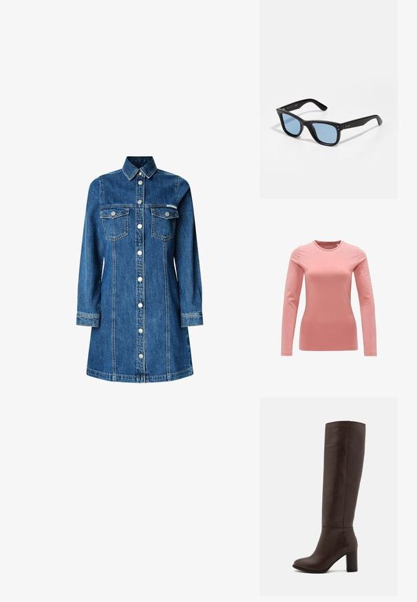 Braune und karierte Jacke mit einem schwarzen Cordkragen, zwei Fronttaschen und einem Knopfverschluss. Hergestellt aus einem strukturierten Stoff.; Langärmliges T-Shirt aus weichem rosa Baumwollstoff. Verfügt über einen runden Ausschnitt und einen figurbetonten Schnitt mit glatter Textur und ohne sichtbare Muster oder Akzente.; Denimhemdkleid, lange Ärmel, durchgehende Knopfleiste, zwei Brusttaschen, klassischer Kragen, mittelblaue Farbe und leichte Steppdetails.; Braune Lederstiefel bis zum Knie mit Blockabsatz, glatter Textur, runder Spitze und minimalen Nahtdetails.; Schwarze Plastiksunglasses mit blauen getönten Gläsern, quadratischer Form, soliden Bügeln und zwei metallischen Akzenten an der Vorderseite in der Nähe der Gläser.; Braune Handtasche aus Leder mit einer weichen, strukturierten, fellartigen Außenseite, schlankem Design, einem kurzen Griff und einem abnehmbaren Schultergurt.