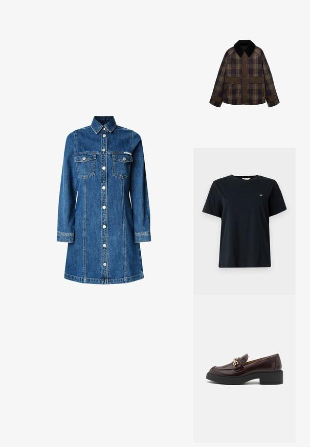 Brown and plaid jacket featuring a black corduroy collar, two front pockets, and a button closure. Made of a textured fabric.; Black cotton t-shirt with short sleeves, crew neckline, and small logo detail embroidered on the left chest. Classic, relaxed fit.; Denim shirt dress, long sleeves, button-up front, two chest pockets, classic collar, medium blue color, and light stitching details.; Brown leather loafer with a gold accent buckle, black block heel, and a smooth texture. Side view showcases rounded toe and stitched detailing.; Brown leather handbag with a soft, textured fur-like exterior, slim design, a short handle, and a detachable strap.