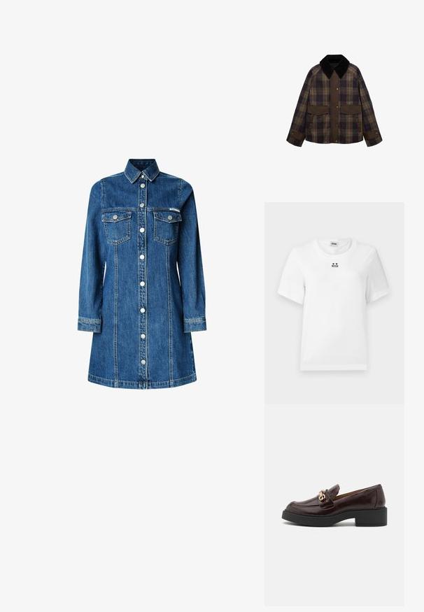 Bruine en geruite jas met een zwarte corduroy kraag, twee voorkzoekers en een knoopsluiting. Gemaakt van een gestructureerde stof.; Witte katoenen T-shirt met korte mouwen, met een kleine zwarte grafische afbeelding van een gezicht met hartogen en een rechte mond op de borst.; Jeanshemdjurk, lange mouwen, knoopsluiting aan de voorkant, twee borstzakken, klassieke kraag, medium blauwe kleur en lichte stikseldetails.; Bruine leren instapschoen met een gouden accent gesp, zwarte blokhak en een gladde textuur. Het zijaanzicht toont de ronde neus en gestikte details.; Bruine lederen handtas met een zachte, textuurachtige vachtachtige buitenkant, slank ontwerp, een korte handgreep en een afneembare schouderriem.