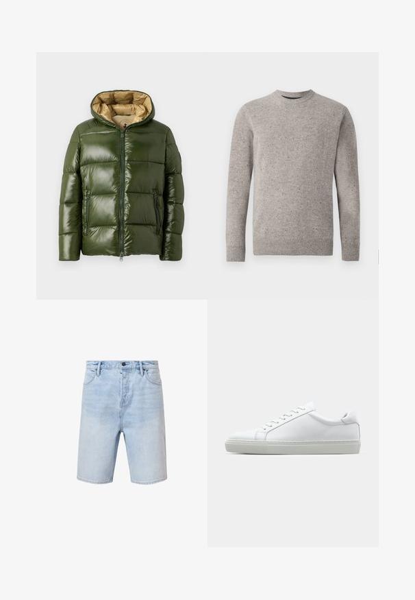 Green puffer jacket with a shiny finish, featuring a hood, front zip closure, two zippered pockets, and a beige inner lining.; Light gray knitted sweater with a crew neckline, long sleeves, and ribbed cuffs and hem. Textured pattern with flecks of color.; Light blue denim shorts with a regular fit, five-pocket design, and a button fly. Features subtle fading and stitched hem.; White sneaker with a smooth leather upper and a low profile. Features a rounded toe, six eyelets, and a textured rubber sole.