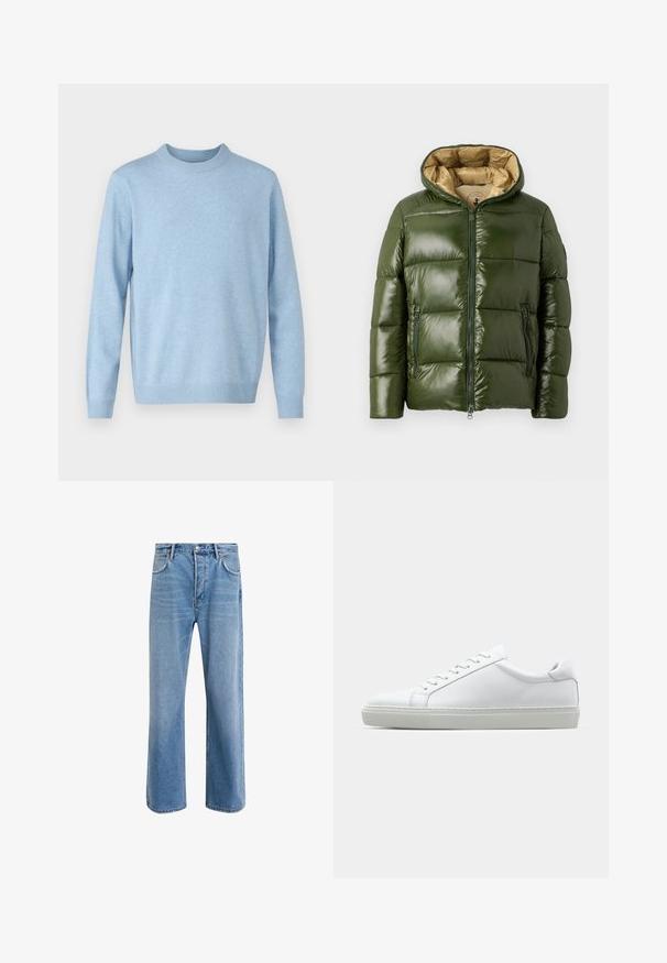 Zelená puffová bunda s lesklým povrchom, vybavená kapucňou, priebežným zipsom, dvoma zipsovými vreckami a béžovou podšívkou.; Samsøe Samsøe ISAK SWEATER - Svetrík - blue; Svetlo modré denimové džínsy so strihom rovného nohu, päť vreciek, zapínanie na gombík, minimálne vyblednutie a kontrastné švy.; Biele tenisky s hladkým koženým zvrškom a nízkym profilom. Majú zaoblenú špičku, šesť očiek a štruktúrovanú gumovú podrážku.