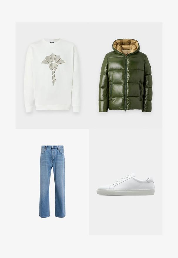 Green puffer jacket with a shiny finish, featuring a hood, front zip closure, two zippered pockets, and a beige inner lining.; White sweatshirt with a textured, metallic gold and silver shell design at the center; features a round neckline and ribbed cuffs.; Light blue denim jeans with a straight-leg design, five pockets, button closure, minimal fading, and contrasting stitching details.; White sneaker with a smooth leather upper and a low profile. Features a rounded toe, six eyelets, and a textured rubber sole.