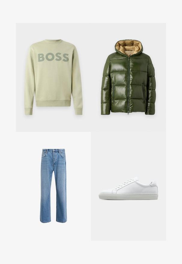 Green puffer jacket with a shiny finish, featuring a hood, front zip closure, two zippered pockets, and a beige inner lining.; Light green sweatshirt with a crew neckline, ribbed cuffs, and a large "BOSS" logo in a darker green across the chest. Soft texture.; Light blue denim jeans with a straight-leg design, five pockets, button closure, minimal fading, and contrasting stitching details.; White sneaker with a smooth leather upper and a low profile. Features a rounded toe, six eyelets, and a textured rubber sole.