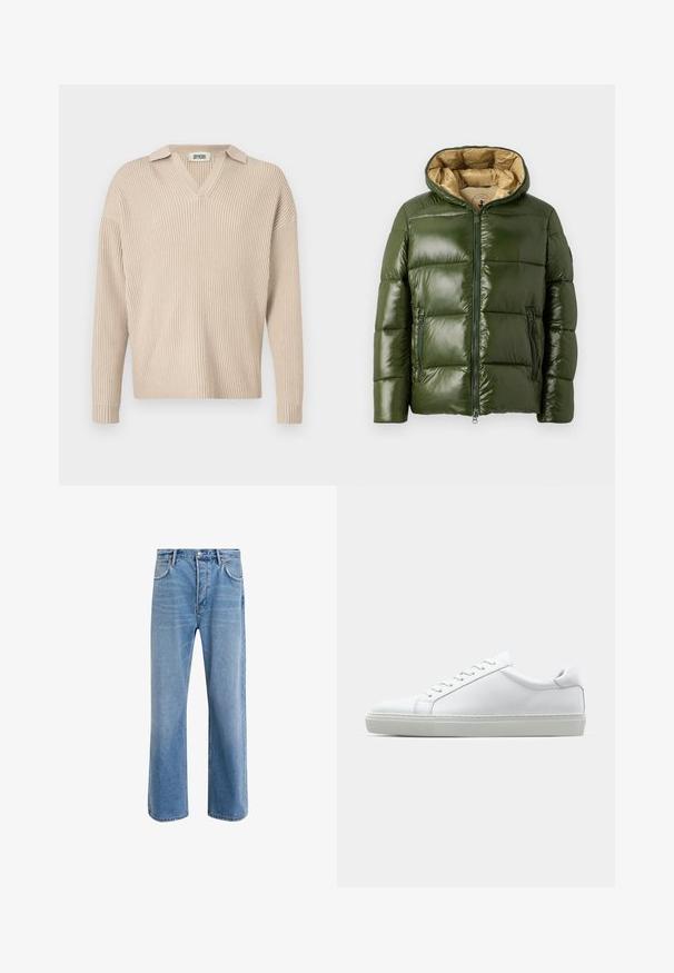 Giacca a vento verde con finitura lucida, dotata di cappuccio, chiusura frontale con zip, due tasche con zip e fodera interna beige.; Pullover a coste beige con scollo a V e colletto, dotato di maniche lunghe e una vestibilità rilassata, realizzato in un tessuto morbido e testurizzato.; Jeans in denim blu chiaro con design a gamba dritta, cinque tasche, chiusura con bottone, leggero sbiadimento e dettagli di cucitura a contrasto.; Sneaker bianco con tomaia in pelle liscia e profilo basso. Presenta una punta arrotondata, sei occhielli e una suola in gomma testurizzata.